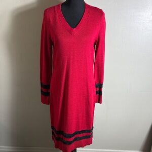 Calvin Klein Red V-Neck Long Sleeve Sweater Dress Black Stripes Sz L